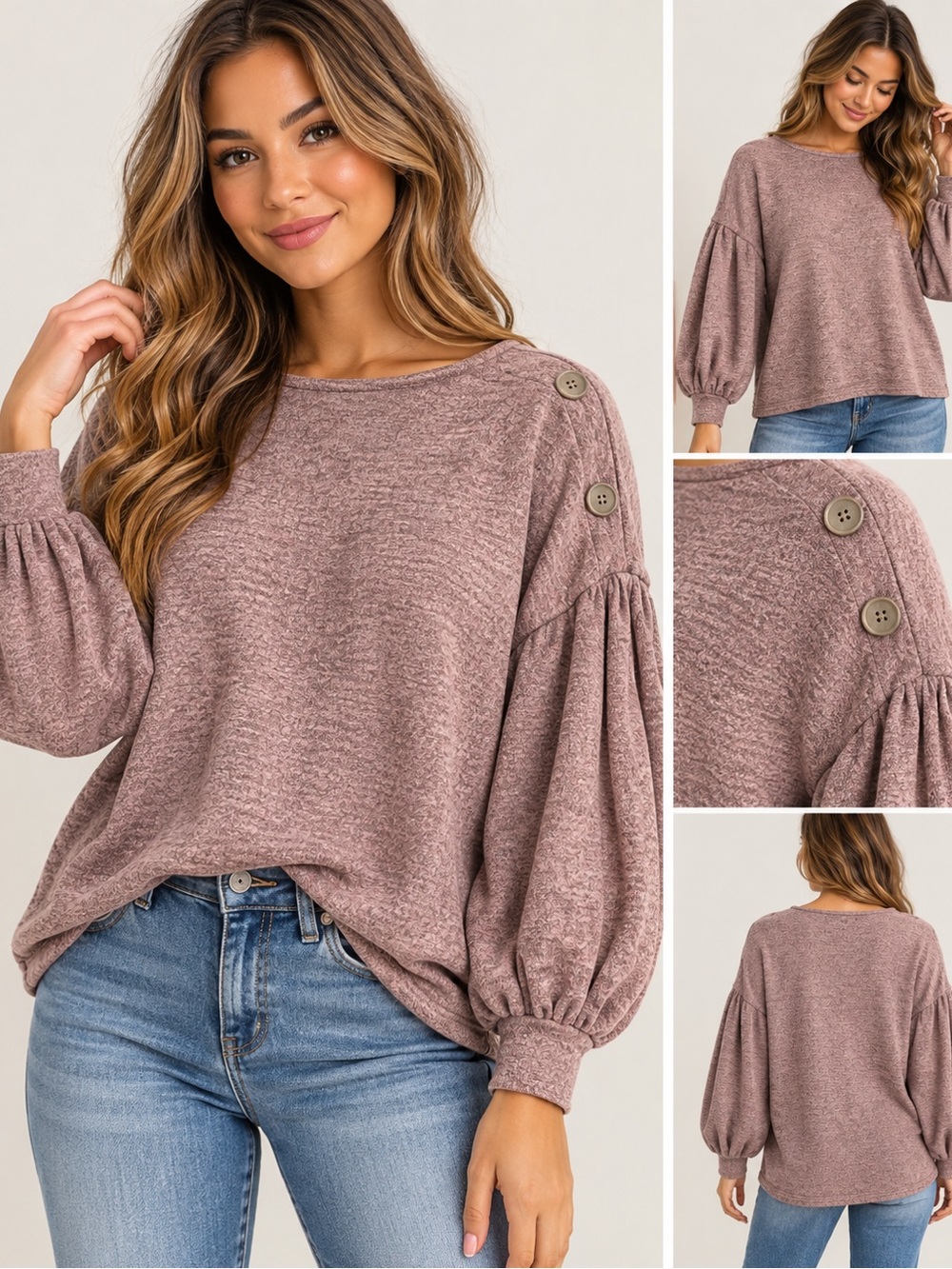 Adrienne Vittadini Women’s Mauve Balloon Sleeve Knit Top Size M